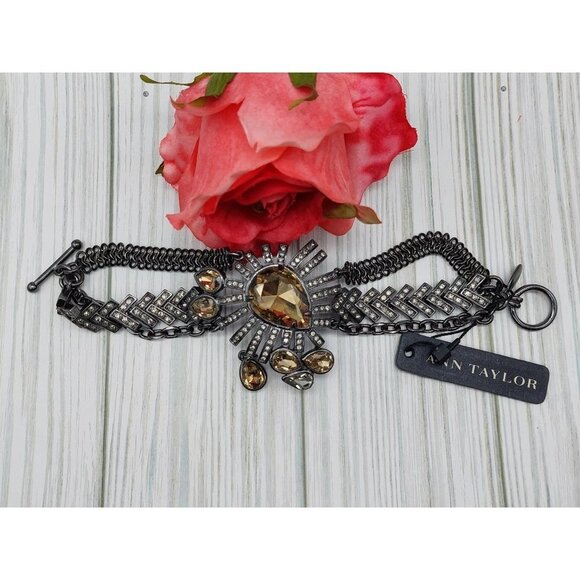 NWT Ann Taylor Statement Bracelet Gun Metal Multi Strand Crystal Accents Toggle - Picture 7 of 12
